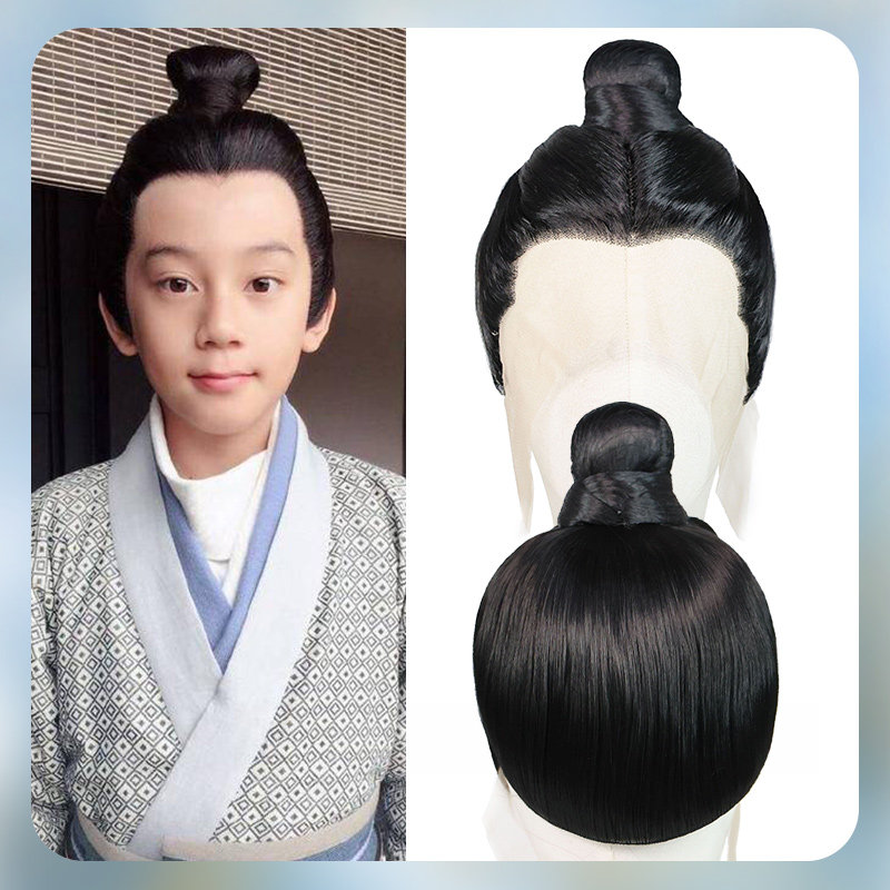 儿童古装假发男童马尾手钩整顶头套发髻少爷武侠风cos造型长直发