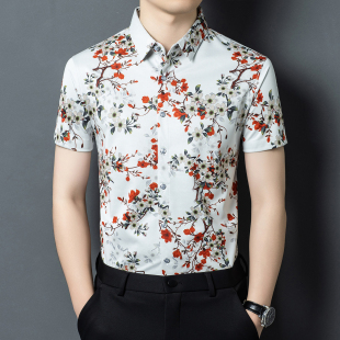 翻领免烫休闲透气冰丝衬衣凉夏季 衬衫 印花短袖 皮尔卡丹中国风男士
