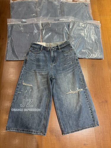 JZ橘子印象欧货second2nd显瘦破洞牛仔裤女宽松直筒阔腿七分裤