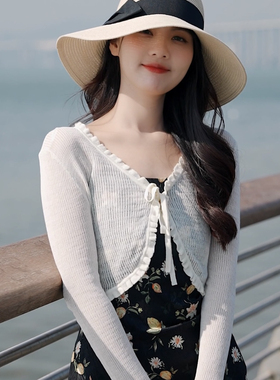 夏季棉质吊带裙外搭系带披肩小坎肩针织开衫薄款罩衫长袖超短款