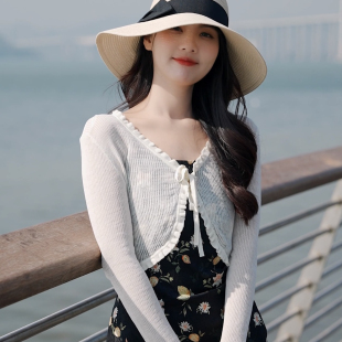 夏季棉质吊带裙外搭系带披肩小坎肩针织开衫薄款罩衫长袖超短款