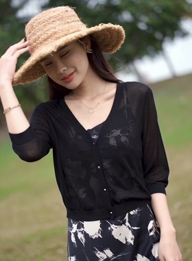 夏季高端天丝裙子旗袍披肩外搭开衫薄款女小外套针织坎肩v领黑色