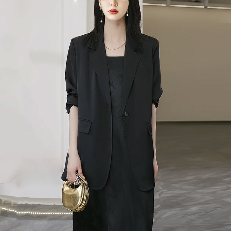 大码雪纺西装外套薄款夏季垂感透气防晒衫西服中长款飘逸胖MM通勤