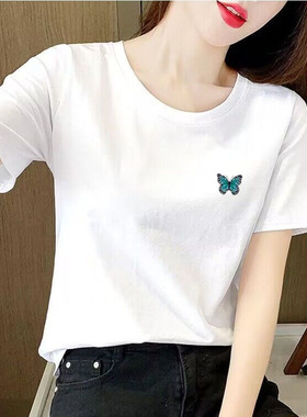 潮ins白色短袖t恤女百搭显瘦韩版纯棉体恤时尚洋气半袖宽松上衣服