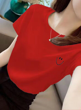 红色显瘦洋气上衣2025年纯棉宽松短袖t恤女百搭夏季时尚打底T恤衫