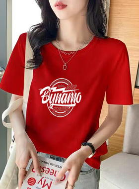 夏季新款纯棉红色上衣2025年时尚短袖t恤女宽松百搭韩版字母T恤衫