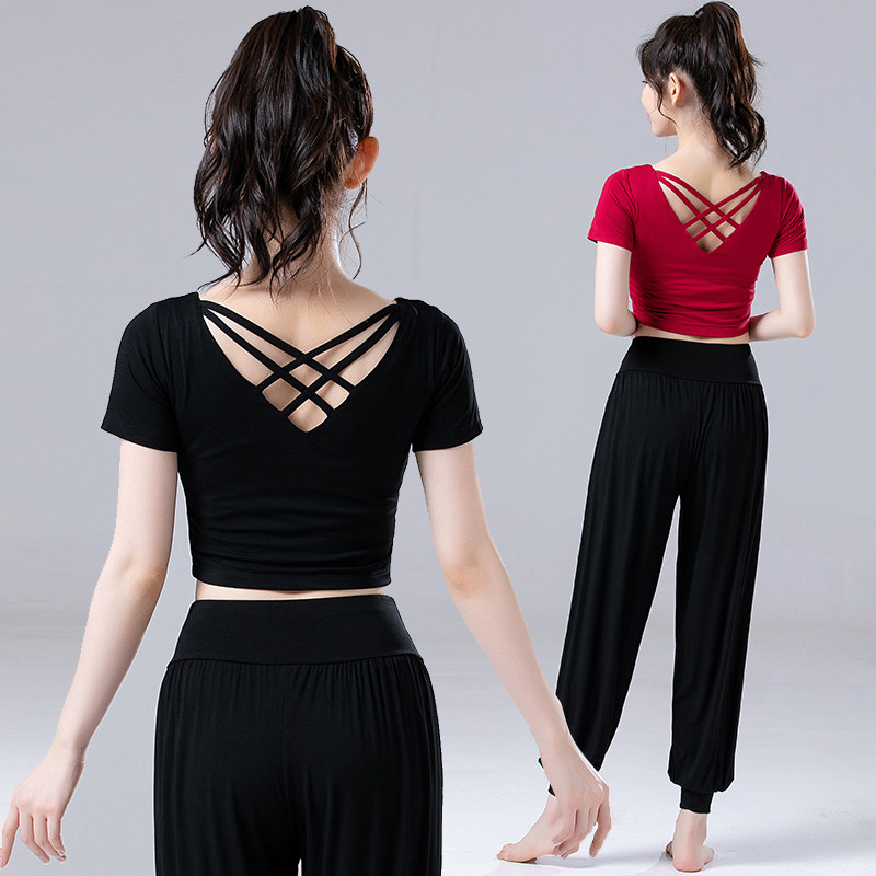 短袖露肚美背网格瑜伽服肚皮舞舞蹈服运动健身跳操形体服显瘦上衣