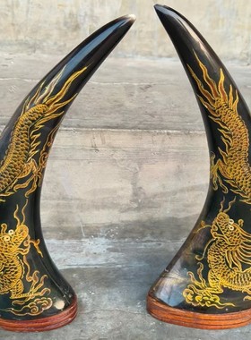 天然牛角雕刻双龙整根牛角漂亮