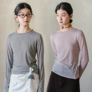 浅粉紫 blushwhite 灰色 莱赛尔小卷边打底衫 淡蓝 敲舒服透透
