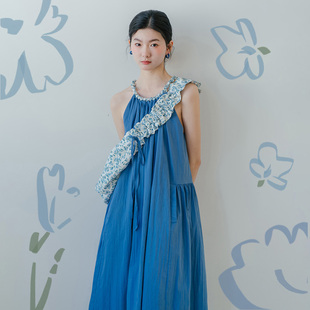 blushwhite 手工编织领口 宝蓝色挂脖连衣裙