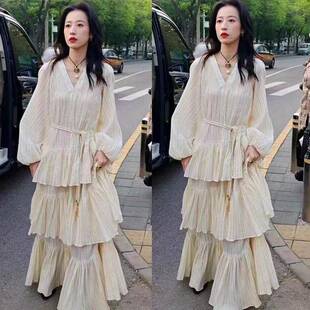 春色寄情人周雨彤庄洁同款条纹连衣裙女夏季高级感法式超仙蛋糕裙