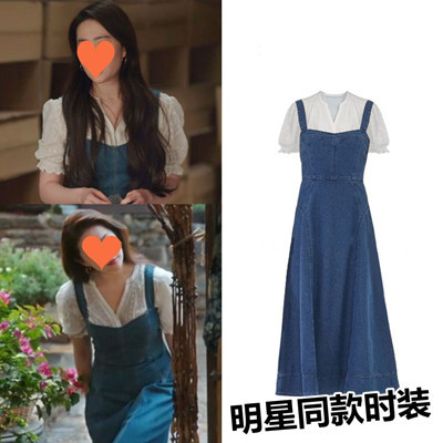 香港2023去有风的地方刘亦菲许红豆同款牛仔背带裙女设计感连衣裙