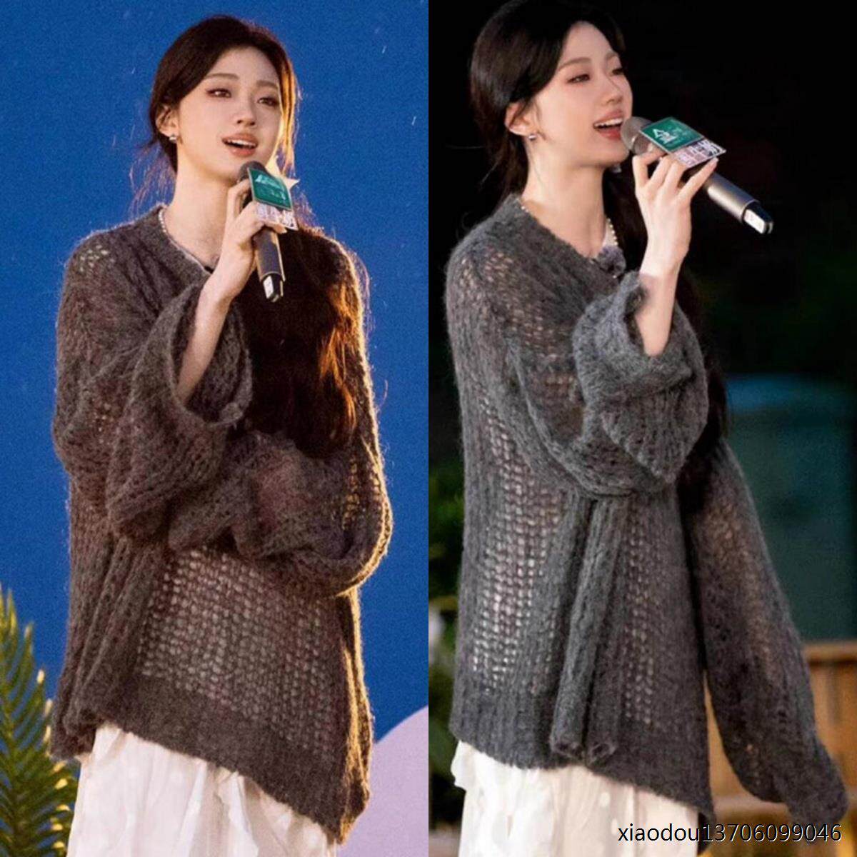 五十公里桃花坞单依纯同款针织衫镂空夏季宽松慵懒风毛衣灰色上衣