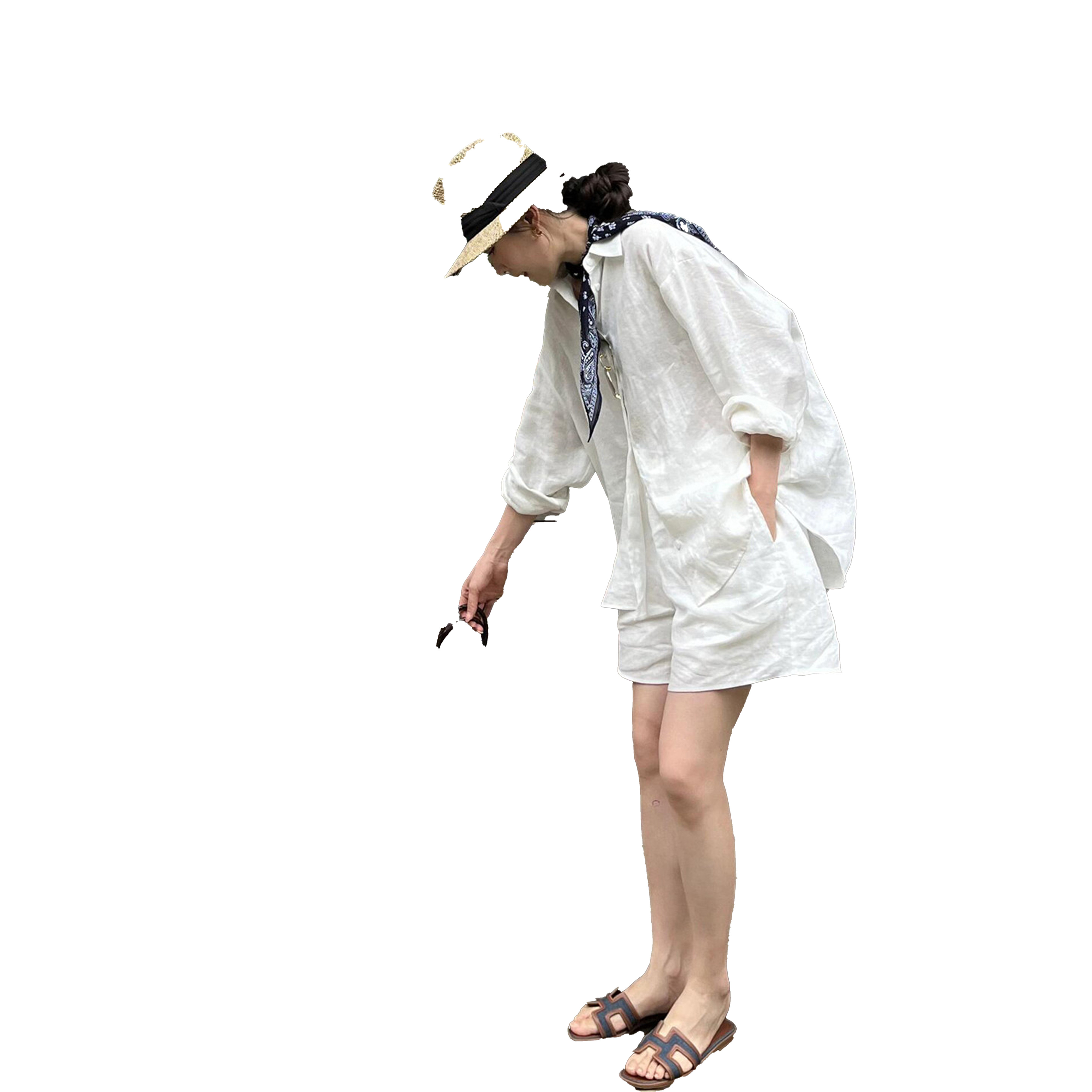夏季韩系穿搭一整套亚麻衬衫套装女夏季度假老钱风棉麻短裤防晒两