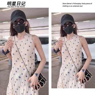 26夏古力娜扎同款蓝色的花无袖背心洋装圆领碎花荷叶边A字裙夏