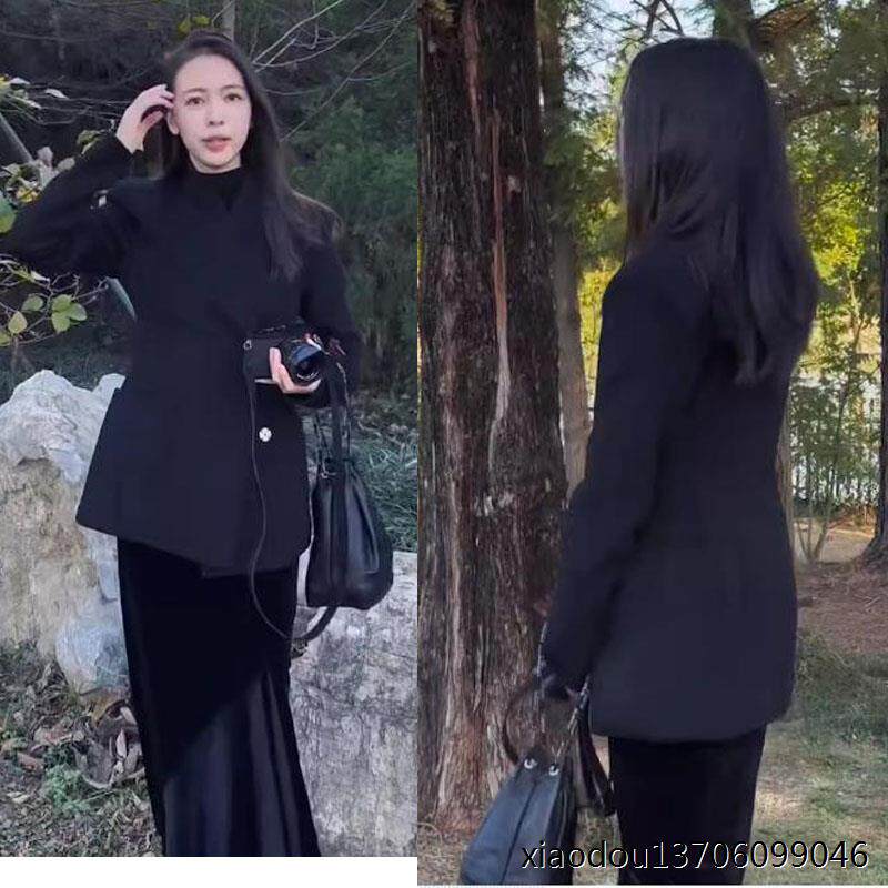 秋冬大杨嫂同款赫本风廓形修身西装黑色羊毛毛呢外套加厚呢子大衣