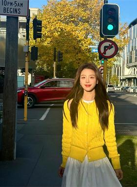 电缆针织开衫夹克捻图案黄色毛衣夹克修身短上衣女装2025新的秋潮