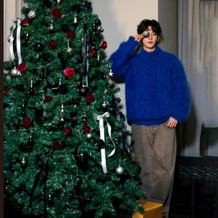 冬款邓为明星同款克莱因蓝麻花毛衣男加厚冬季宽松外穿复古慵懒针