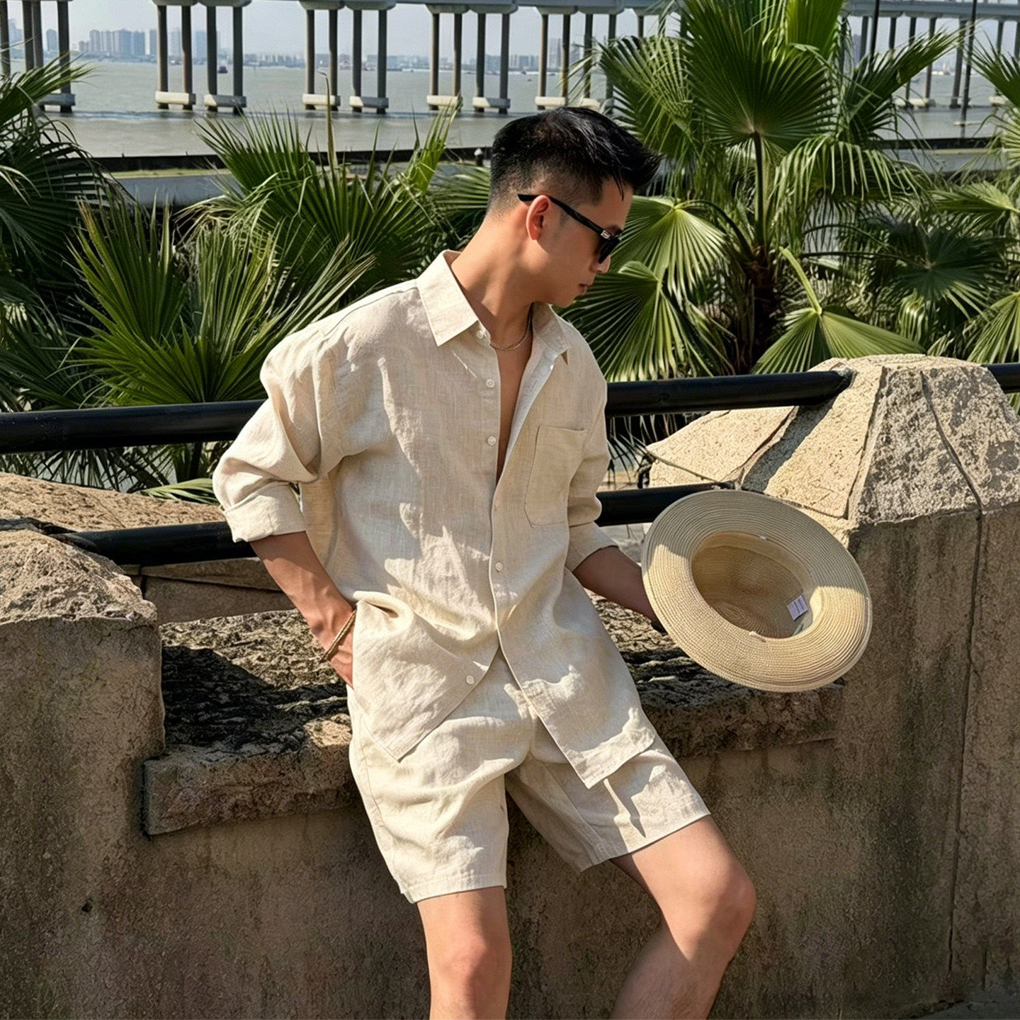 新款老钱风长袖衬衫短袖短裤套装男士夏海边度假穿搭慵懒松弛感潮