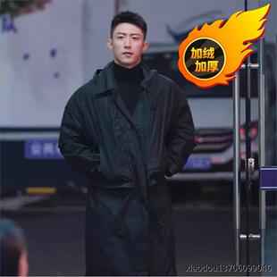 他从火光中走来林陆骁黄景瑜同款可拆卸帽黑色长款风衣宽松外套男
