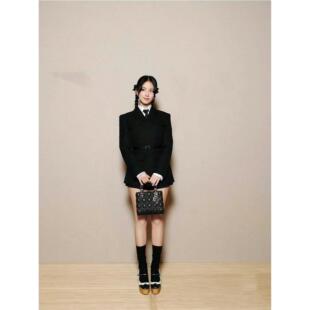 春款jisoo金智秀同款韩式翻领修身收腰黑色系腰带西装外套女短女