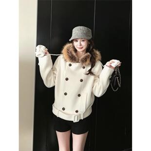 冬款狐狸毛领短款羊毛呢子大衣女小个子2026冬季羽绒内胆加厚毛呢