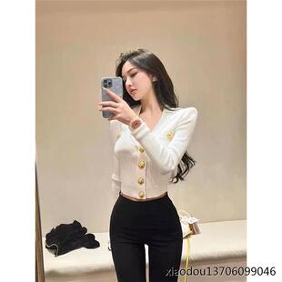 夏娃徐睿知杨采钰同款垫肩上衣法式小香风V领针织开衫毛衣外套秋