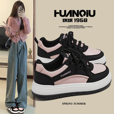 环球女鞋多巴胺黑粉色小白鞋2025春秋款高颜值百搭学生轻便休闲鞋