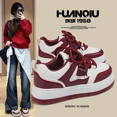 环球女鞋酒红色小白鞋女2025春季新款高颜值百搭学生运动休闲板鞋