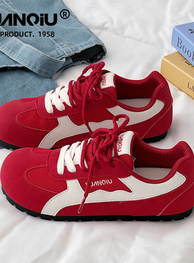 环球红色网面透气德训鞋女2025夏季新款百搭轻便小众款软底板鞋潮