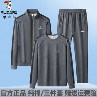 开衫 啄木鸟运动套装 男秋冬款 立领长袖 休闲卫衣男三件套 中老年大码