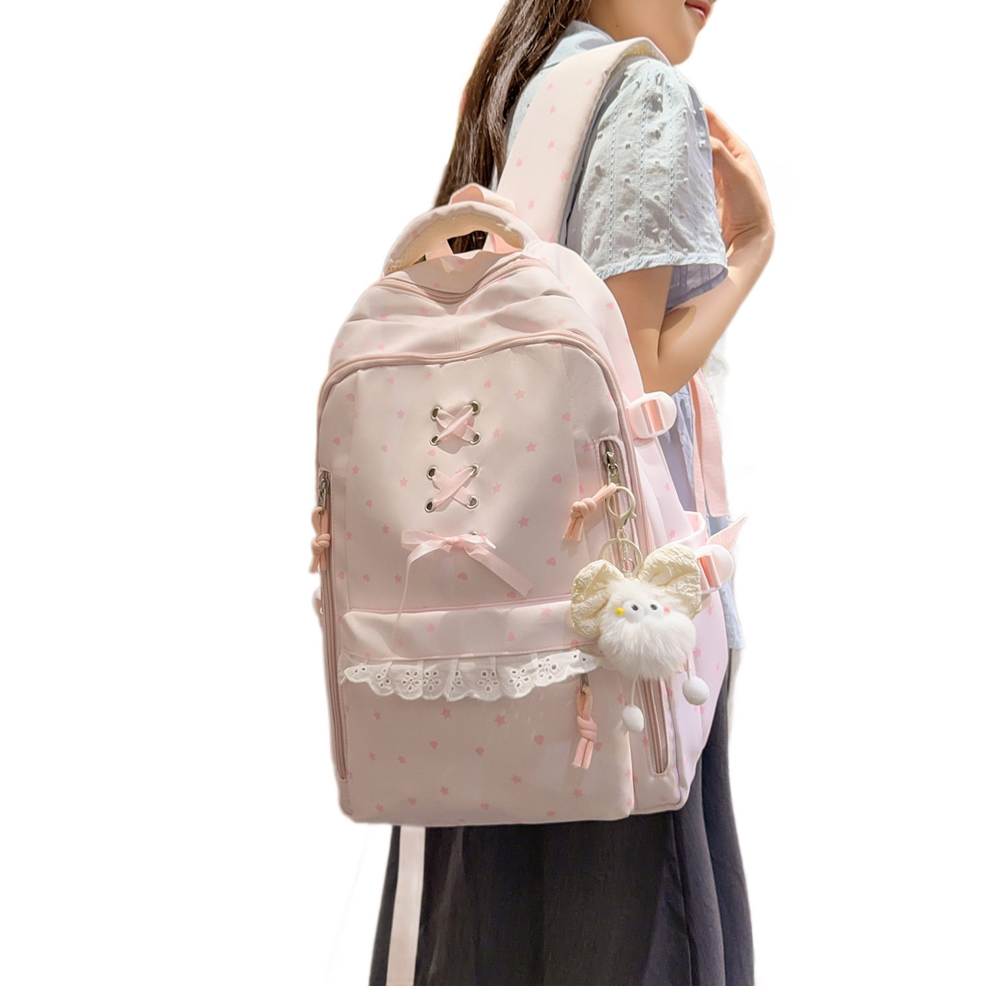 2026清新爱心波点蕾丝装饰少女好看双肩背初中小学生书包水杯位潮