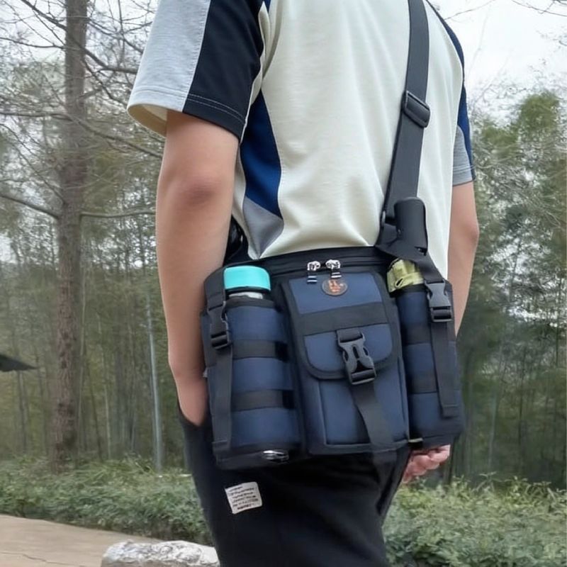 中老年男人户外旅行双水壶杯位多格单肩斜挎IPADMINI伞防泼水背包