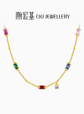 潮宏基彩虹银项链s925银送女友套链锁骨链多彩多巴胺甜美生日礼物