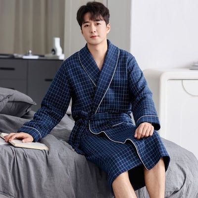 2025新款秋冬季男士100%纯棉夹层睡袍男款大码全棉家居服浴袍浴衣