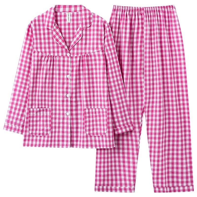 纯棉色织全棉布格子夏季薄款长袖长裤开衫睡衣女士加大家居服套装