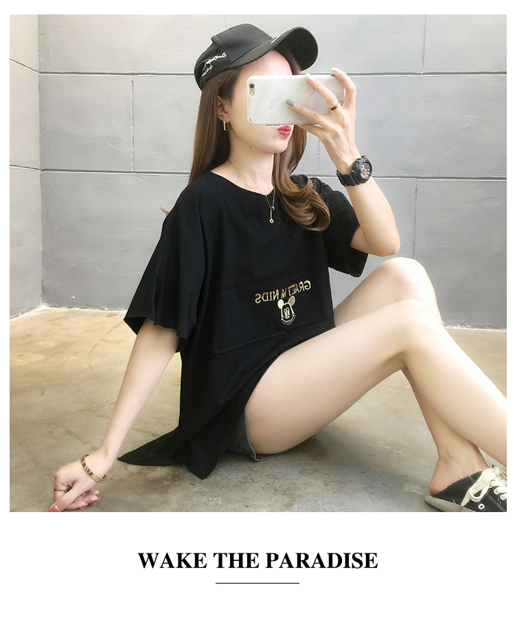 Real shot pure cotton fat oversized loose top embroidery Casual Short Sleeve T-Shirt Korean version