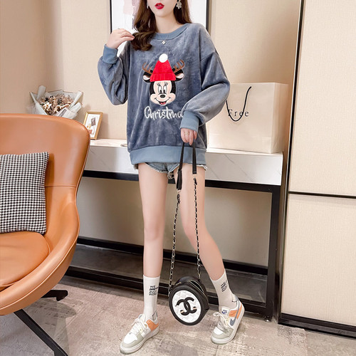 Real shot flannel large size sweater women's 2022 spring new plush thickened warm bottom shirt