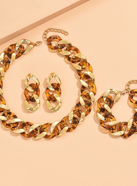 欧美时尚拼接多色亚克力链条项链 豹纹个性时尚双色手链necklace