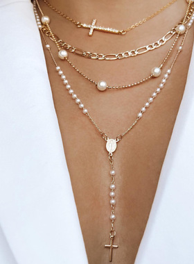 欧美新款多层叠戴复古仿珍珠锁骨