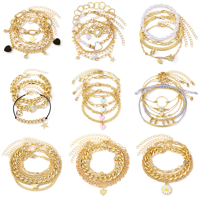 bracelet欧美复古粗链条个性手链混搭开口手镯手饰叠戴风套装手链