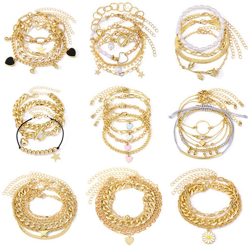 bracelet欧美复古粗链条个性手链混搭开口手镯手饰叠戴风套装手链