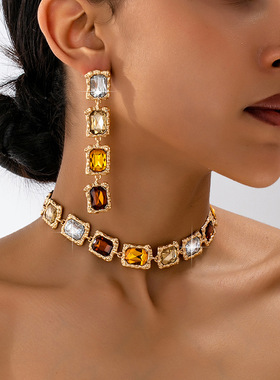 欧美复古镶钻锆石项链耳钉套装｜