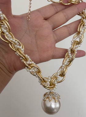 韩国粗麻花大珍珠镶钻夸张短款女