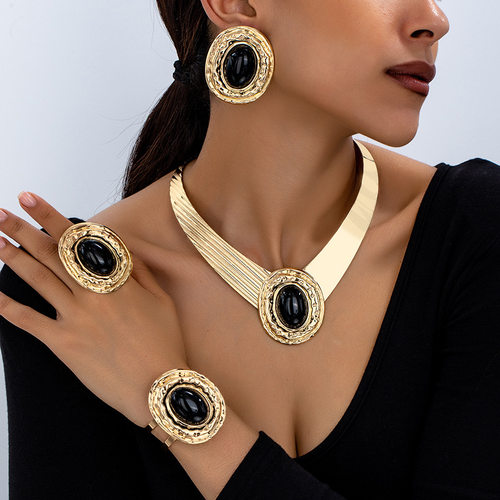 欧美潮流新款镶嵌黑宝石项圈耳钉