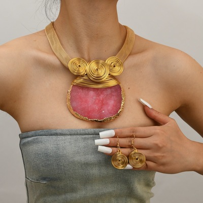 新款夸张华丽几何仿水晶吊坠锁骨链宴会项链耳环套装女necklace