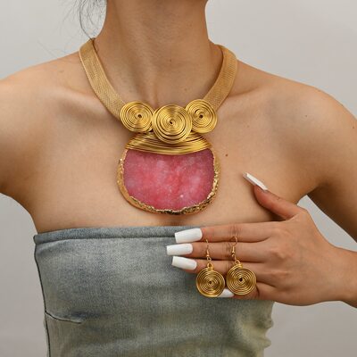 新款夸张华丽几何仿水晶吊坠锁骨链宴会项链耳环套装女necklace