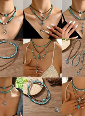 necklace新款女士叠戴项链西部风仙人掌牛头帽子松石绒布颈链现货