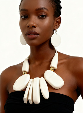 原创新款夸张大牌几何木质造型项链耳环套装饰品necklaces