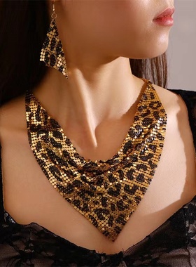欧美三角巾亮珠片丝巾假领项链套装 个性夸张锁骨项链耳环耳坠女